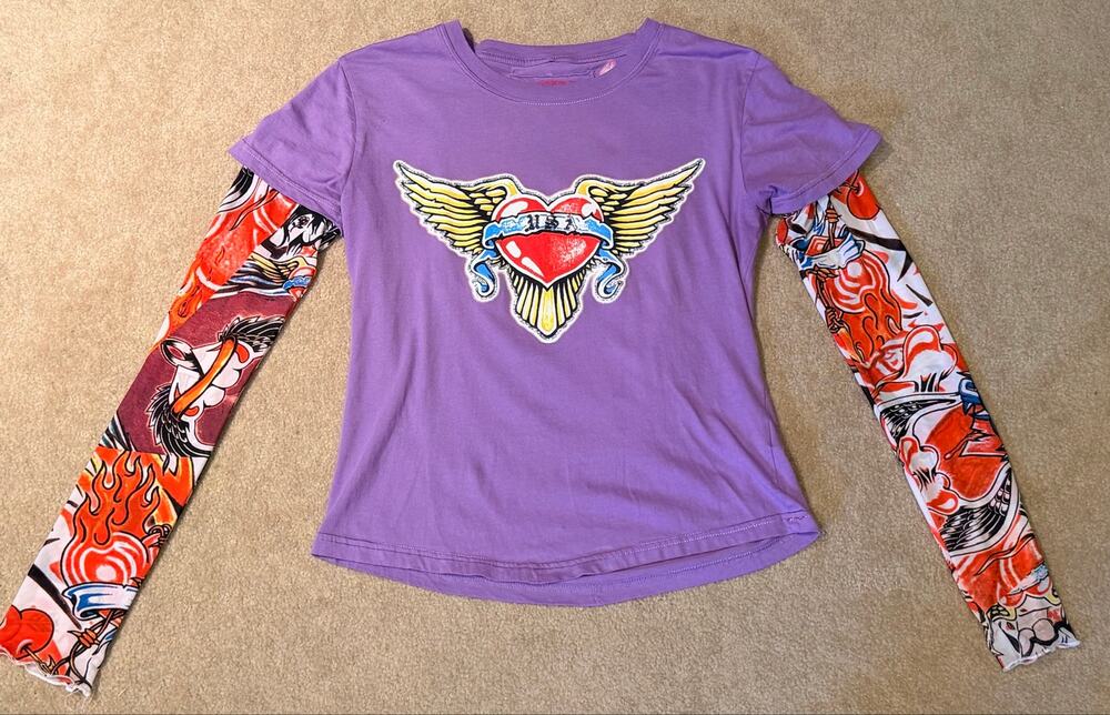 Inkslingers Inc. Y2K Tattoo Graphic Short Sleeve Tee with Long Mesh Sleeves XL